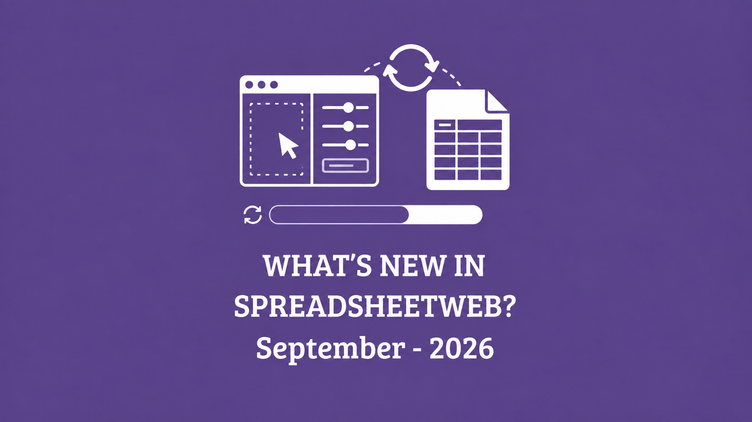 What's New in SpreadsheetWeb announcement graphic for September 2026, showing the refreshed Designer and scheduled spreadsheet updates