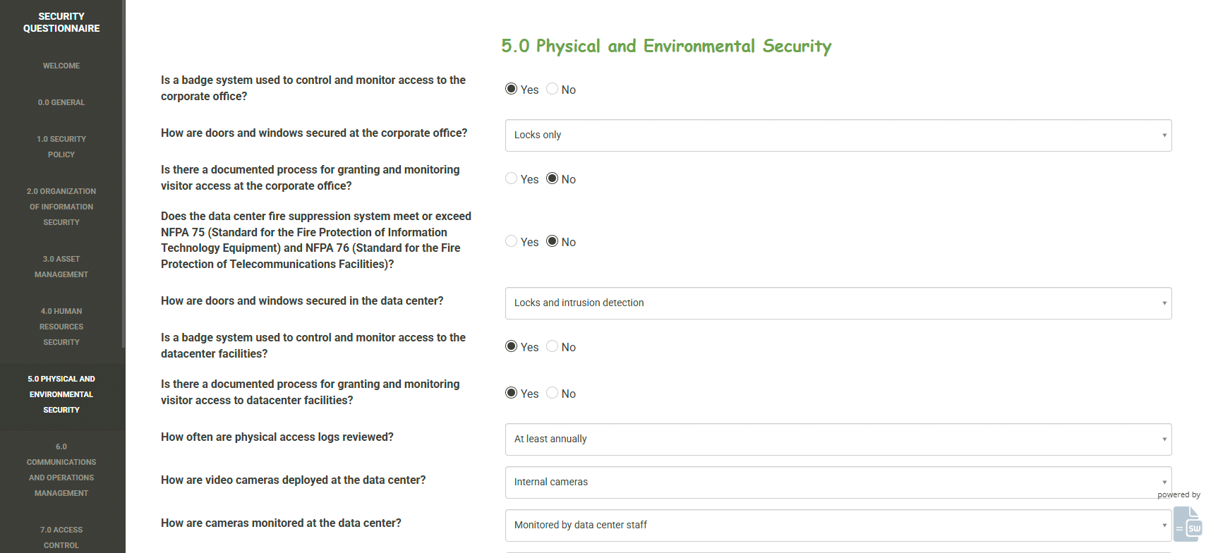 Security questionnaire running as a SpreadsheetWeb application