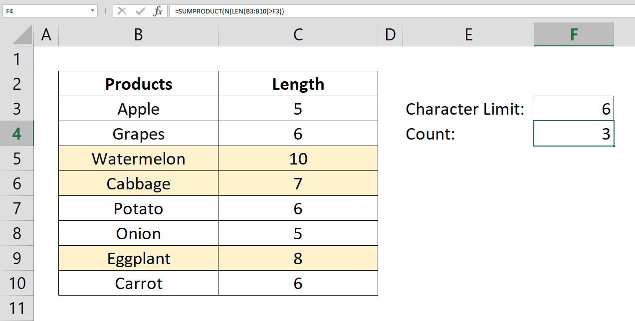 How to count values by length using SUMPRODUCT, N, and LEN functions