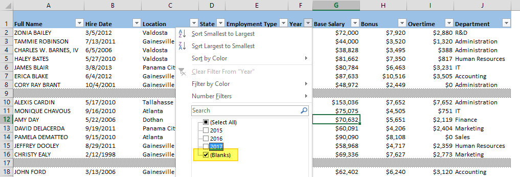 How to remove blank rows in Excel using filters