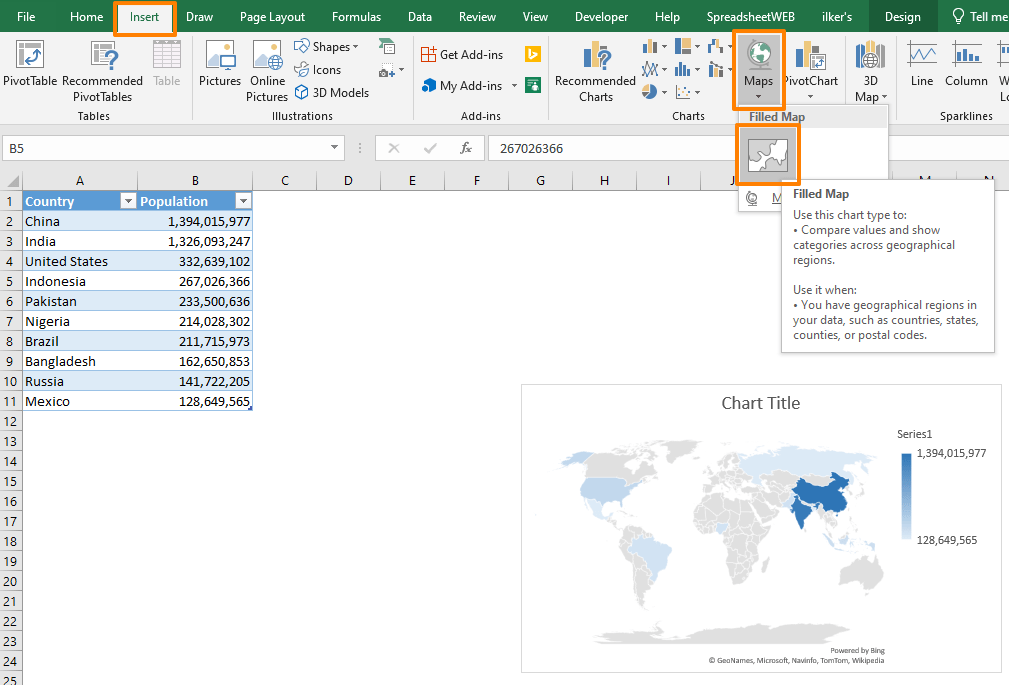 How to insert a map chart in Excel - Ribbon