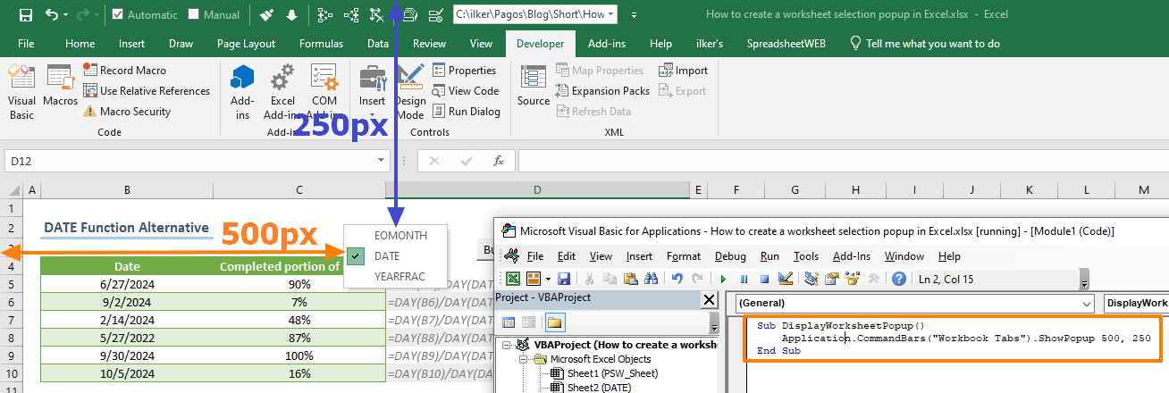 How to create a worksheet selection popup in Excel - By Position
