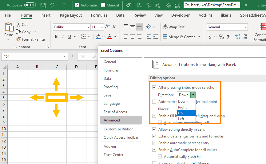 How to change pressing Enter behavior in Excel