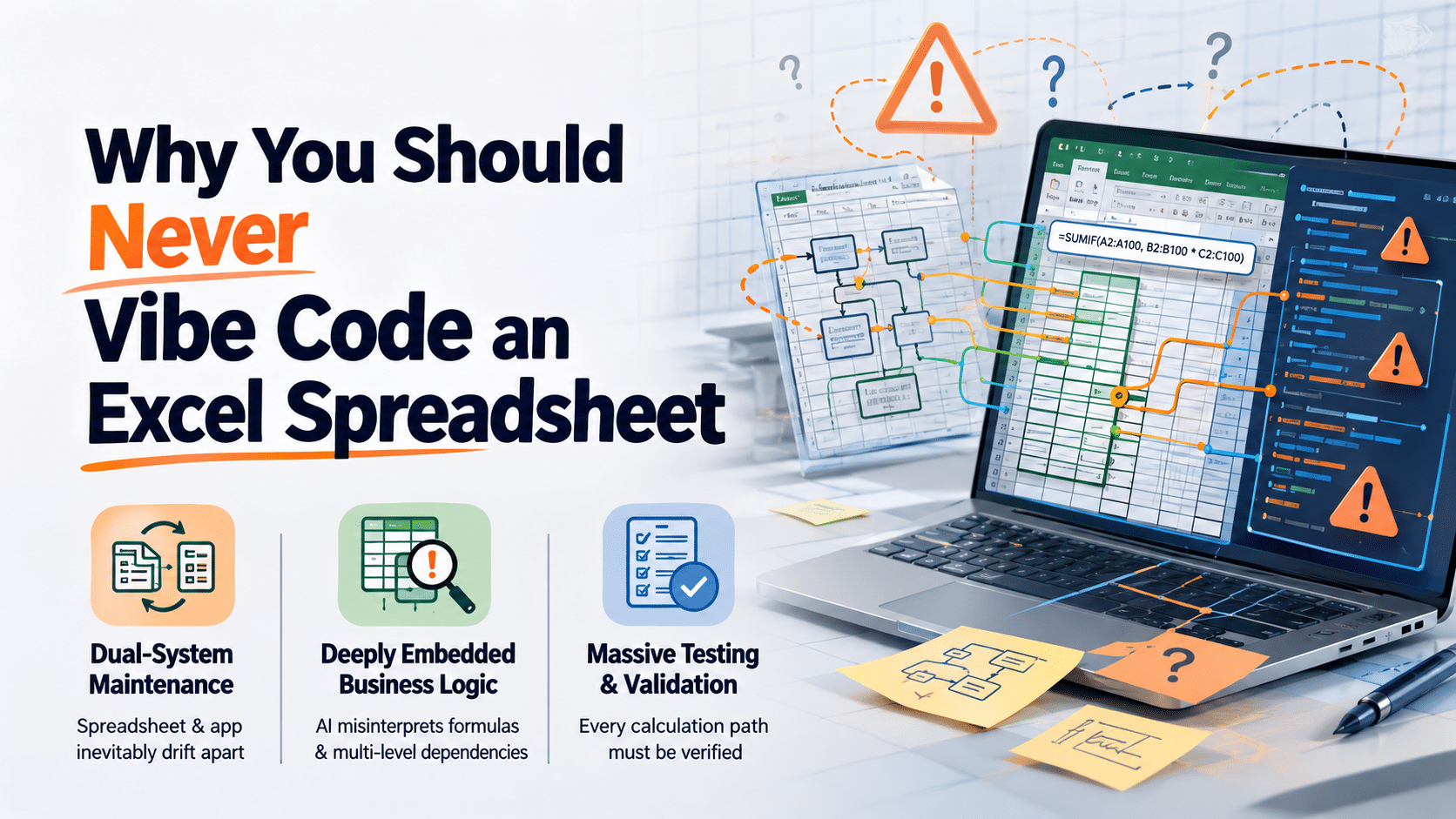 Modern infographic titled “Why You Should Never Vibe Code an Excel Spreadsheet.” The image compares a complex Excel spreadsheet on the left with an AI-generated web application on the right. Arrows illustrate the risky translation process between the two systems. Callouts highlight hidden assumptions, complex formulas, interconnected sheets, and embedded business logic. Three key risks are emphasized at the bottom: dual-system maintenance, embedded business logic, and the need for massive testing and validation. The design uses a clean blue, green, and purple color palette with warning icons and workflow diagrams to convey operational risk and spreadsheet complexity.